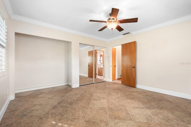 unfurnished bedroom featuring crown molding and ceiling fan