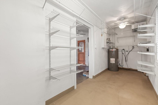 spacious closet with electric water heater and ceiling fan