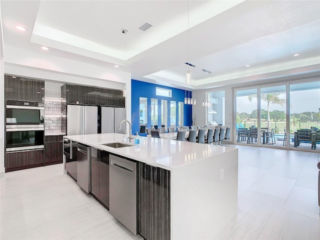 kitchen with an island with sink, sink, appliances with stainless steel finishes, and a tray ceiling