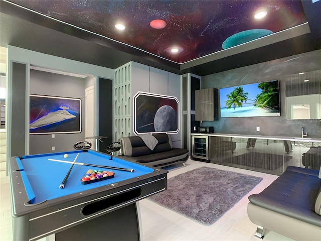 rec room with billiards, sink, and beverage cooler