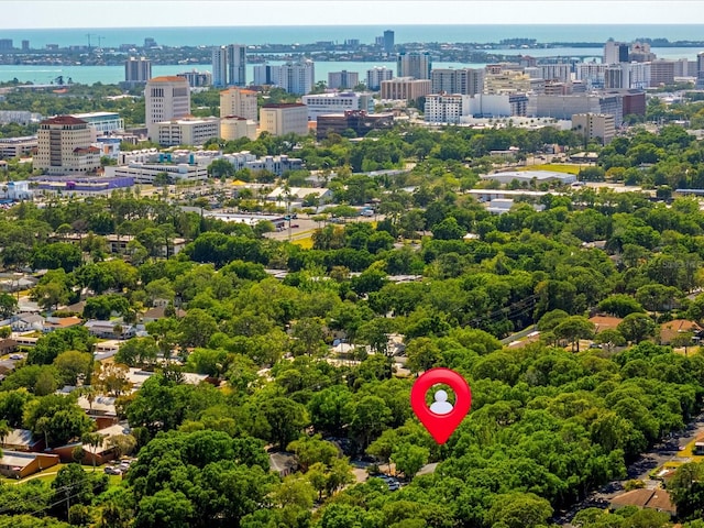 drone / aerial view featuring a water view