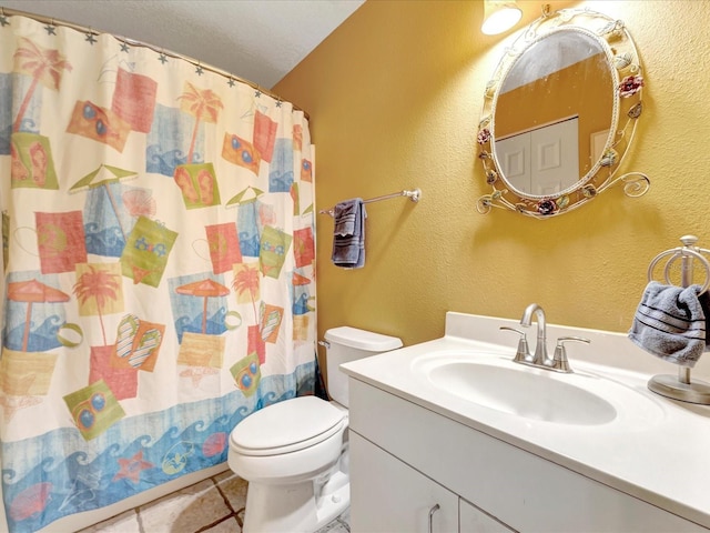 bathroom featuring vanity, toilet, tile patterned floors, a textured ceiling, and a shower with shower curtain