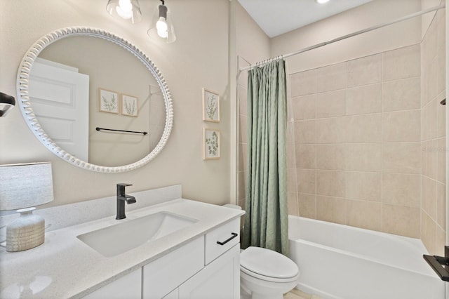 full bathroom featuring shower / bathtub combination with curtain, vanity, and toilet