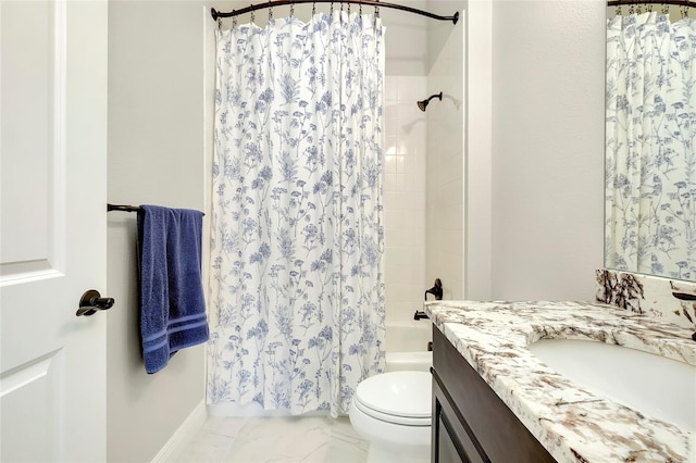 full bathroom featuring shower / bathtub combination with curtain, marble finish floor, vanity, and toilet