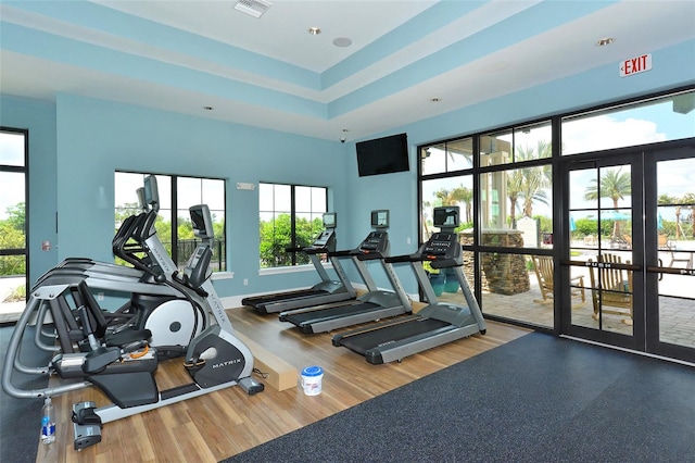 gym featuring french doors, hardwood / wood-style flooring, and a tray ceiling