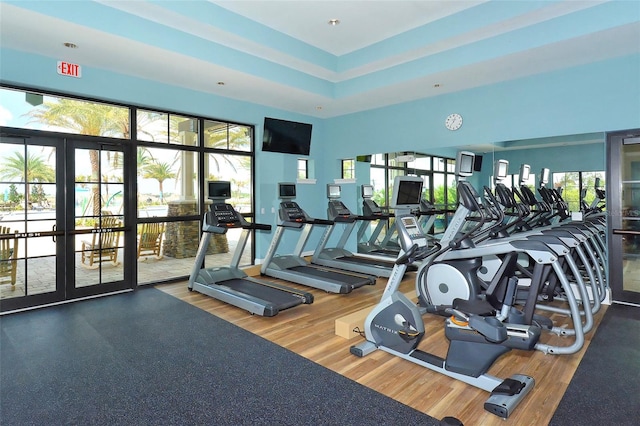 exercise room featuring a tray ceiling, a towering ceiling, french doors, and hardwood / wood-style flooring