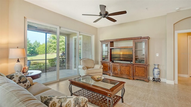 living room with ceiling fan