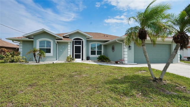 single story home with a front yard and a garage