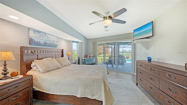 bedroom featuring lofted ceiling, access to exterior, and ceiling fan