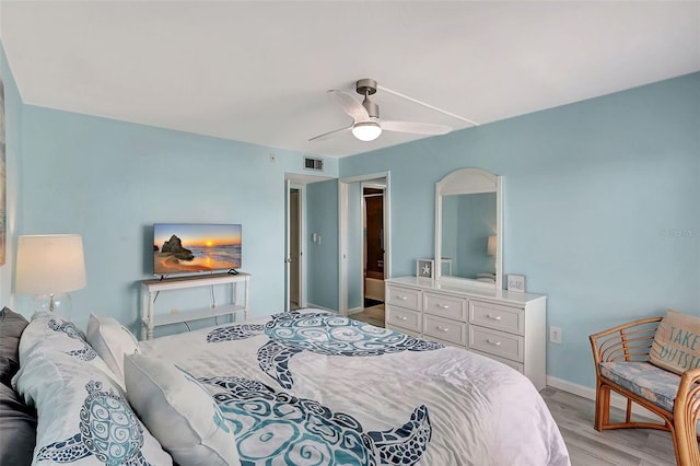 bedroom featuring ceiling fan and light wood-type flooring