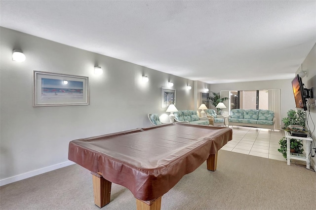 recreation room with light carpet and billiards