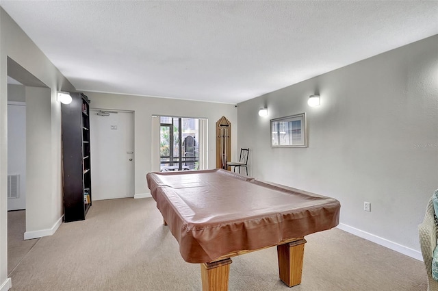 game room featuring light colored carpet and pool table