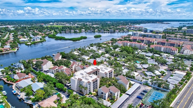 drone / aerial view with a water view