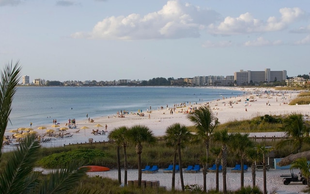 view of water feature with a beach view