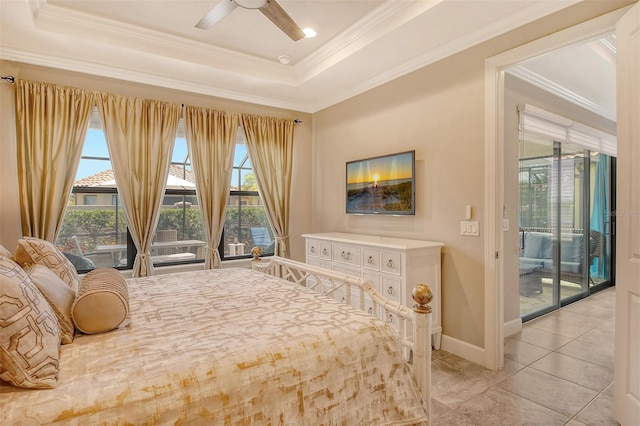 bedroom with ceiling fan, light tile patterned flooring, access to outside, and crown molding