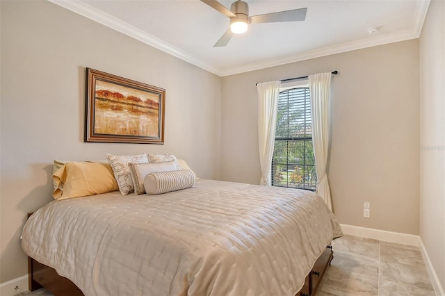 bedroom featuring ornamental molding and ceiling fan