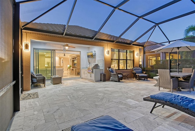 rear view of property featuring a lanai, a patio, and an outdoor kitchen