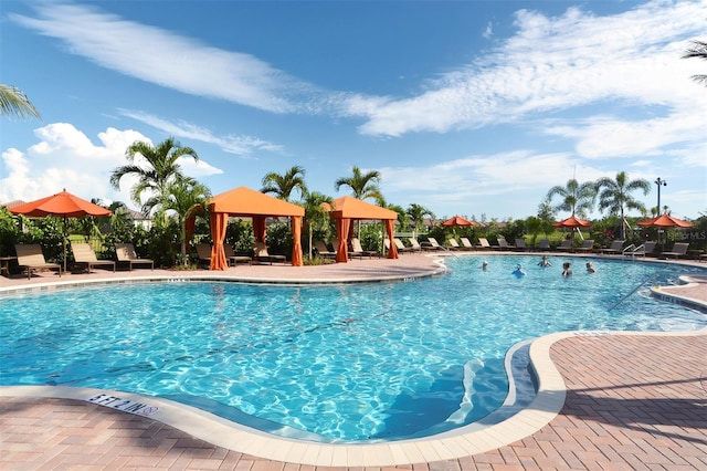 view of pool featuring a patio and a gazebo