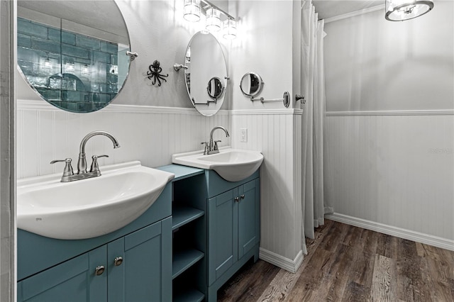 bathroom featuring wood-type flooring, a shower with curtain, and vanity