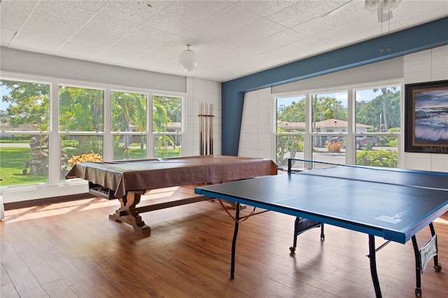 playroom featuring a drop ceiling, wood-type flooring, and pool table