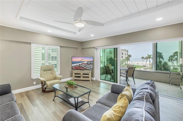 living room with a raised ceiling, light hardwood / wood-style floors, and ceiling fan