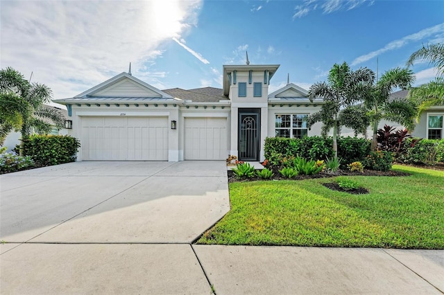 view of front of home with a front yard and a garage