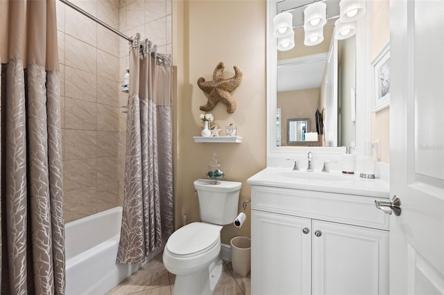 full bathroom featuring shower / tub combo, vanity, toilet, and tile patterned floors