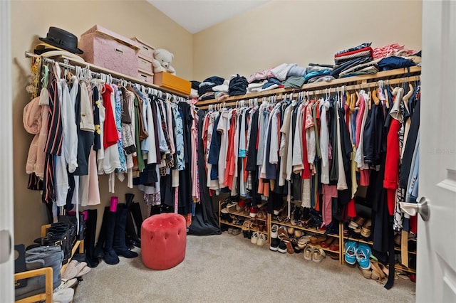 walk in closet with carpet flooring