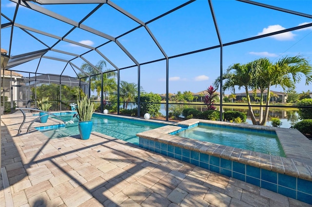 view of swimming pool with a lanai, a water view, and an in ground hot tub