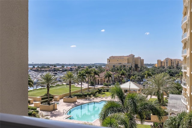 view of swimming pool featuring a patio area