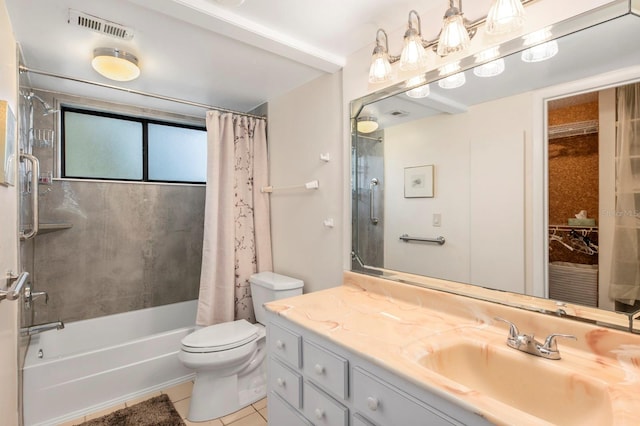 bathroom with vanity, shower / bathtub combination with curtain, visible vents, tile patterned flooring, and toilet