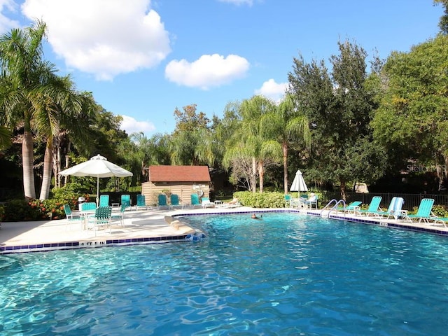 view of swimming pool with a patio area