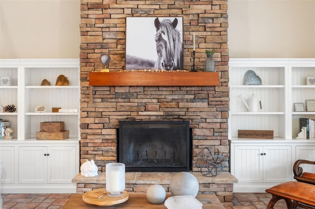 room details with a stone fireplace