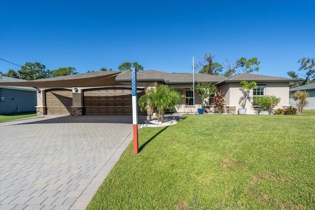 ranch-style house with a front lawn and a garage