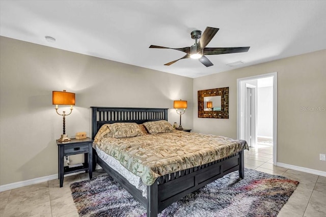 bedroom with light tile patterned floors and ceiling fan