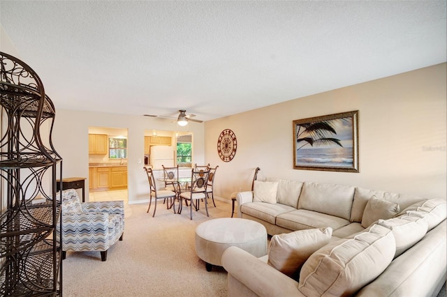 carpeted living room featuring ceiling fan and a textured ceiling