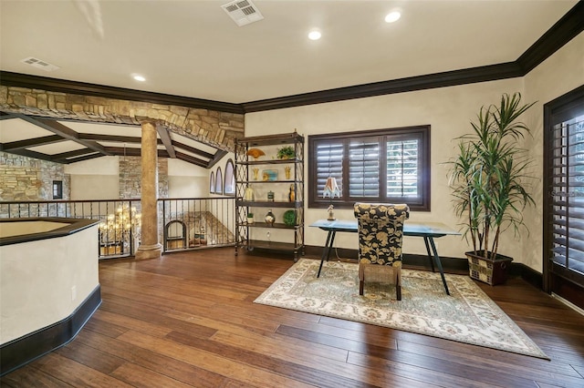 interior space with ornamental molding, vaulted ceiling, and dark hardwood / wood-style flooring