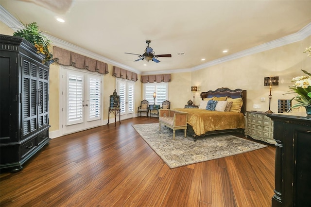 bedroom featuring dark hardwood / wood-style flooring, ceiling fan, access to exterior, and crown molding