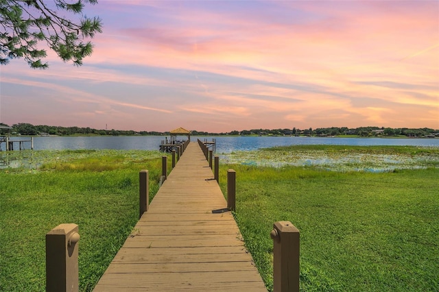 dock area with a lawn and a water view