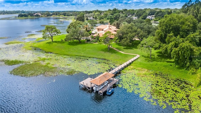 bird's eye view with a water view