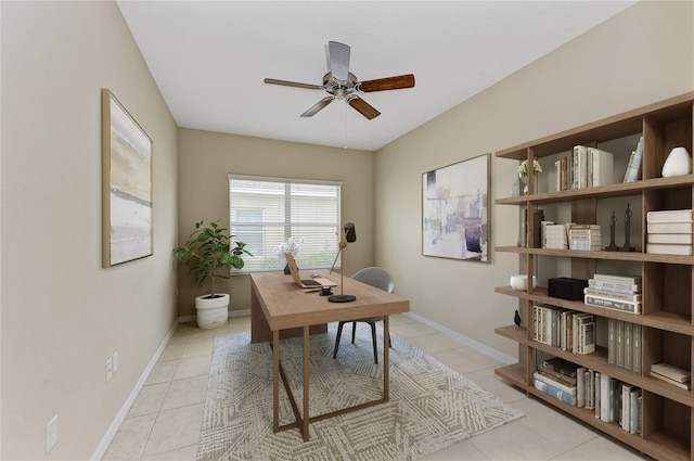 office space featuring ceiling fan and light tile patterned flooring