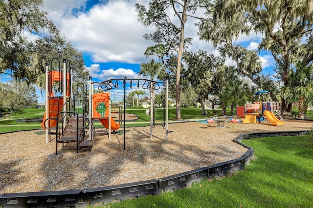 view of play area featuring a lawn