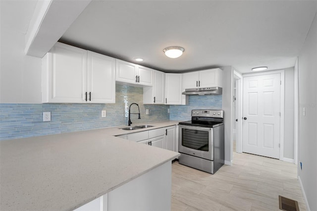 kitchen featuring decorative backsplash, sink, white cabinetry, and stainless steel electric range