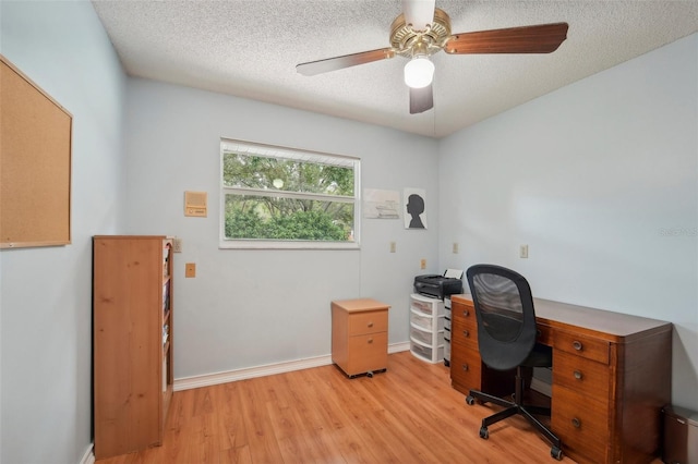 office area with a textured ceiling, ceiling fan, and light hardwood / wood-style flooring