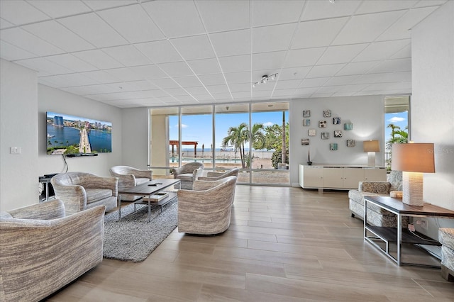 living room featuring light wood-type flooring, a paneled ceiling, and expansive windows