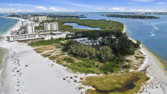 drone / aerial view featuring a water view and a view of the beach