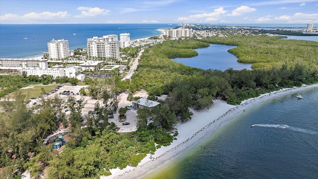 drone / aerial view with a view of the beach and a water view