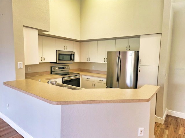 kitchen with kitchen peninsula, sink, light hardwood / wood-style flooring, and stainless steel appliances