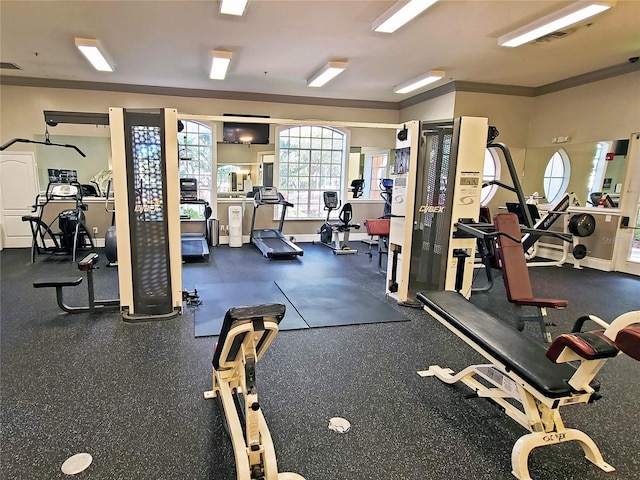 exercise room featuring crown molding