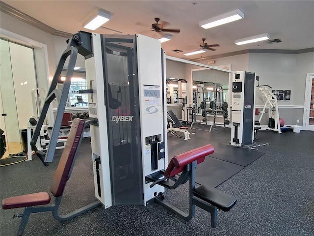 exercise room with ornamental molding and ceiling fan